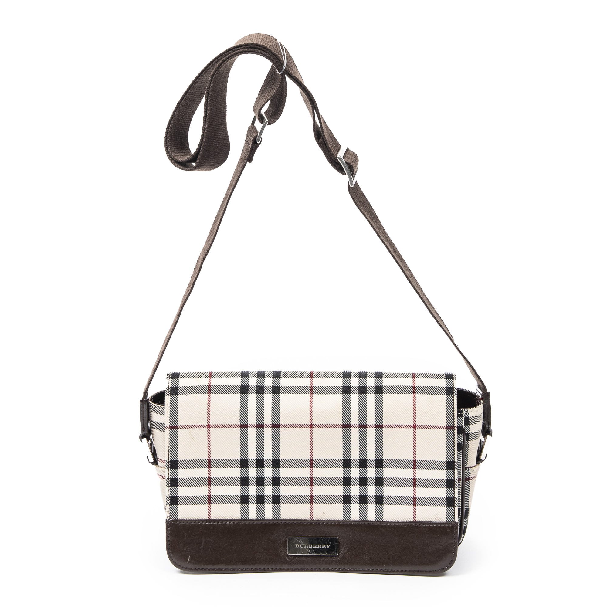 Burberry Beige Plaid Canvas Shoulder Bag With Brown Leather Trim